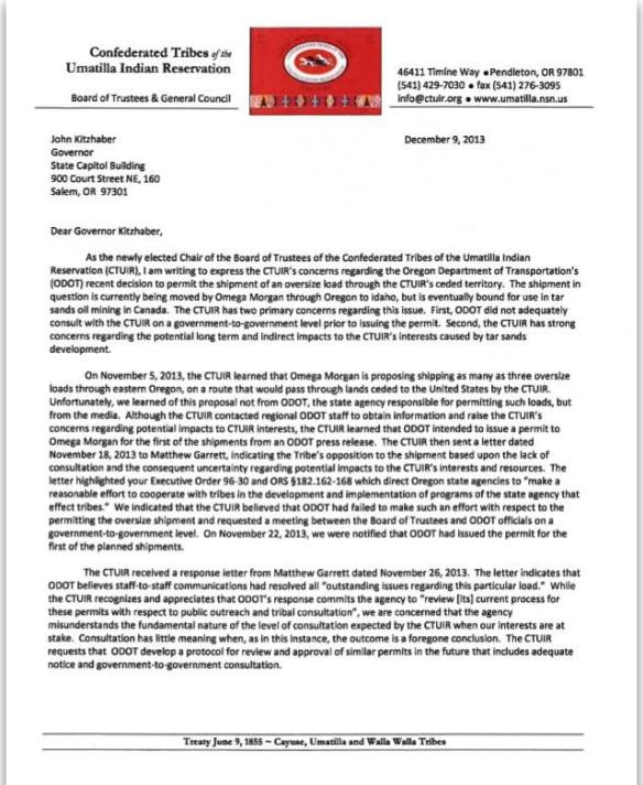 CTUIR Chair Burke Megaloads Letter to Governor Kitzhaber 1