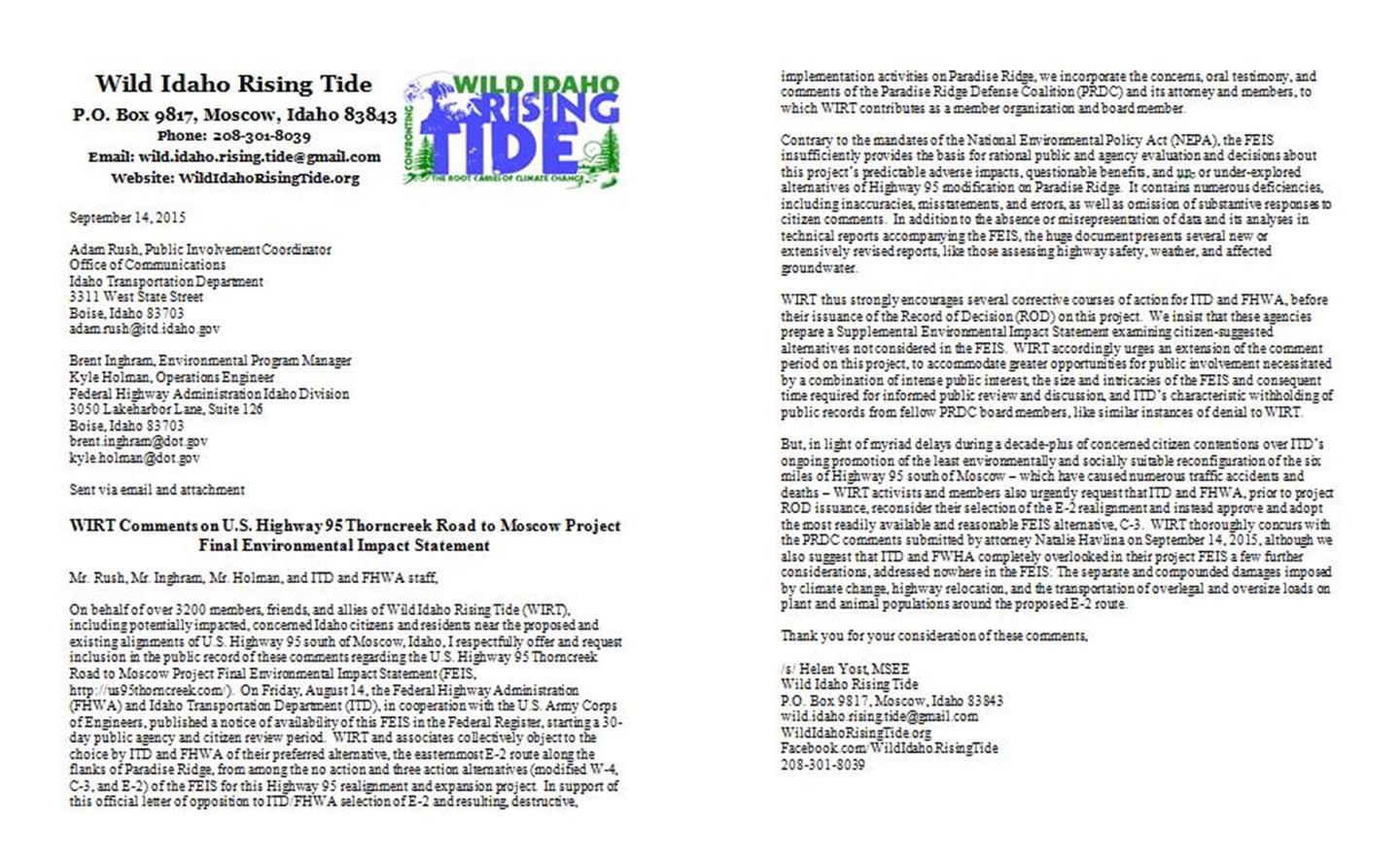 WIRT Comments on U.S. Highway 95 Thorncreek Road to Moscow Project FEIS 2